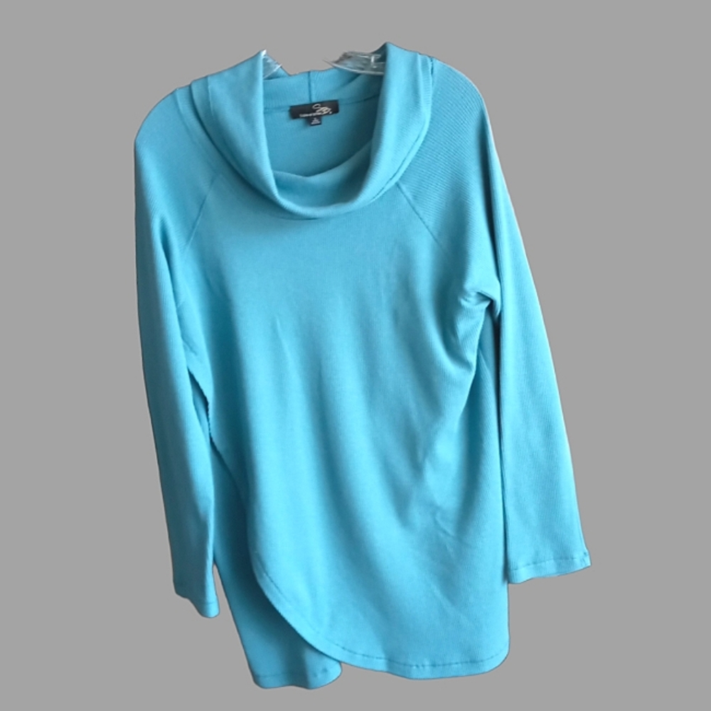 Suzanne Betro Aqua Open Split Cowl Neck Sweater